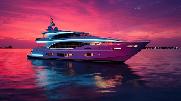 Luxury yacht evening neon sunset backlight AI generation