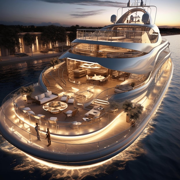 A luxury yacht has a large deck with a view of the ocean and a hotel on the water.