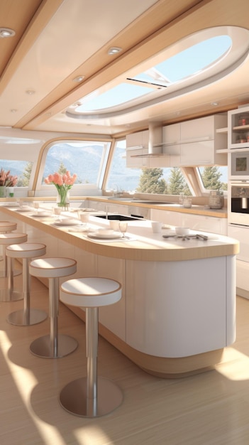 豪華なヨットのインテリアガレー 現代的なキッチンデザイン 大きな窓と素晴らしい海景