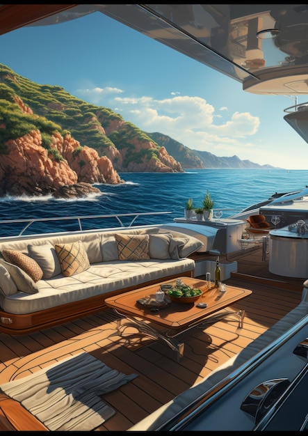 Luxury Yacht interior on sunset lights with sea view