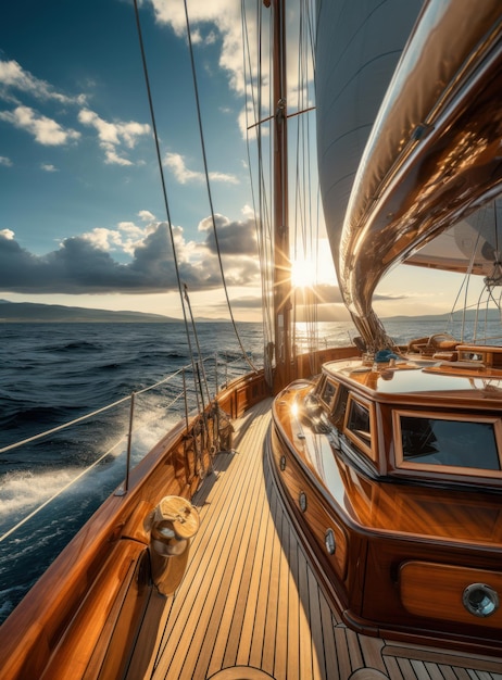 Luxury Yacht interior on sunset lights with sea view