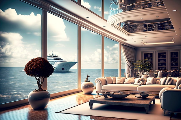 Luxury yacht Interior with panoramic windows and white upholstered furniture