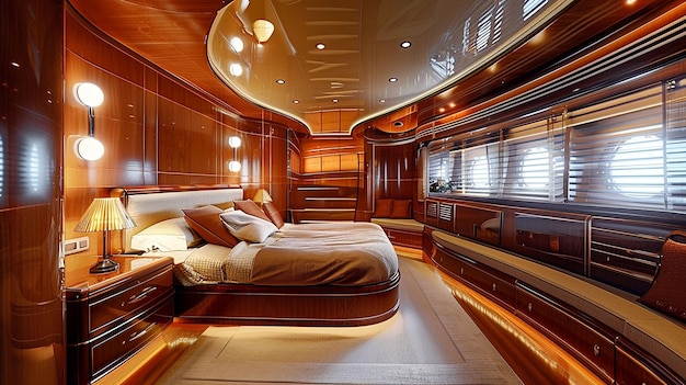 Фото Интерьер роскошной яхты с кожистыми диванами, креслами и шкафом