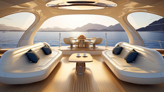 Интерьер роскошной яхты с видом на море, синяя палитра, плюшевые сиденья и золотое освещение.