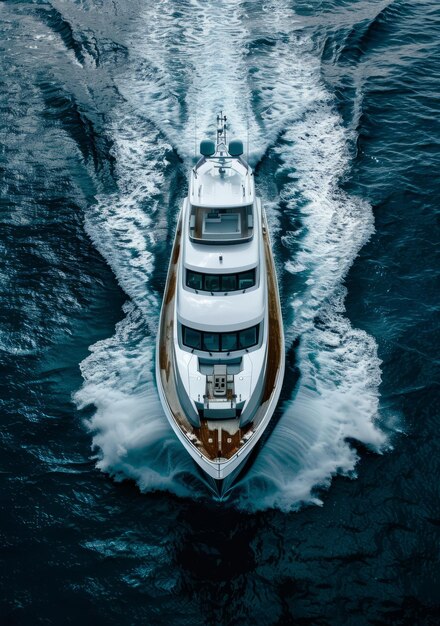 Photo a luxury yacht is photographed from above as it speeds through the water leaving a large wake behind it