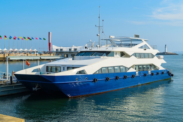 Luxury yacht moored in port, Qingdao, China