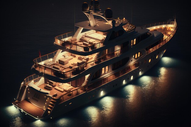 Роскошная яхта ночью с фонарями и факелами, освещающими палубу, созданную с помощью генеративного ИИ