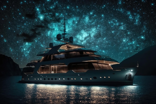 Foto yacht di lusso di notte con luci che brillano sull'acqua e stelle nel cielo