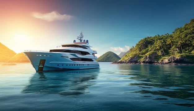 Luxury yacht in the ocean with a small island in the background Commercial photography for summer a