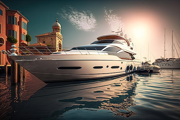 Luxury yacht in peaceful harbor with wooden deck and sunny skies