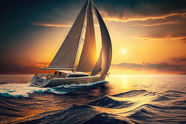 Luxury yacht sailing the sea with beautiful sunset in the background created with generative ai