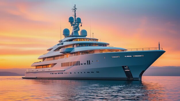 Luxury yacht sailing at sunset on calm ocean waters