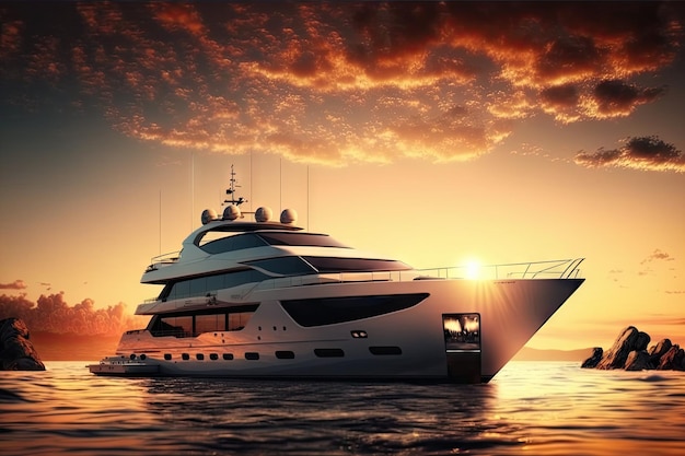 Роскошная яхта на закате с заходящим солнцем над водой, созданная с помощью генеративного ИИ