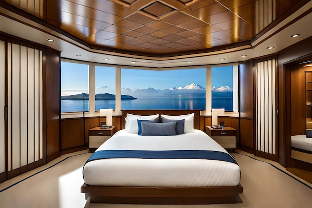 A luxury yacht with a view of the ocean and mountains