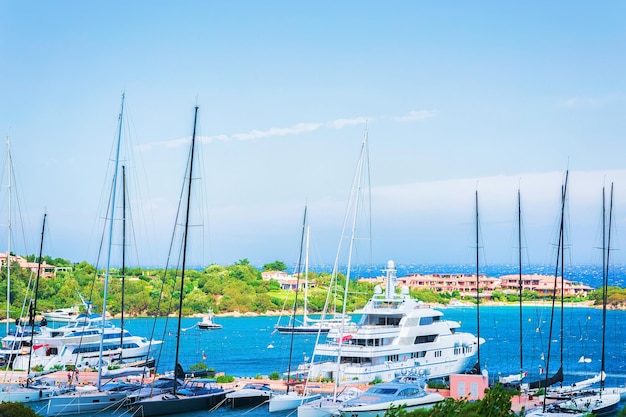 Luxury yachts in marina of Porto Cervo resort, Costa Smeralda, Sardina in Italy.