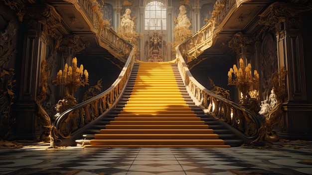 黄色いカーペットの豪華な黄色い金色の階段