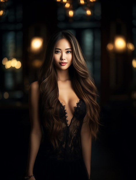 Luxurydressed casino dealer woman at bokeh background