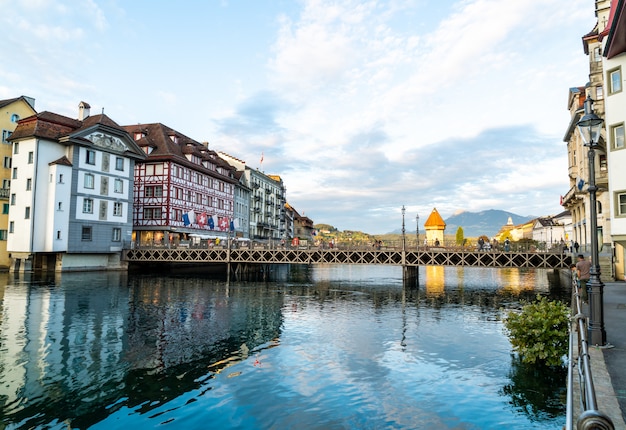 Luzern, Switzerland - August 28, 2018 : View of Luzern city, River Reuss with old building, Luzern, 