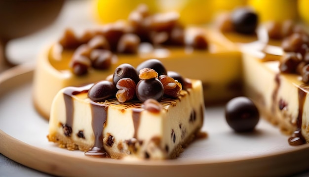 Lviv cheesecake with chocolate drizzle and raisins on a wooden table