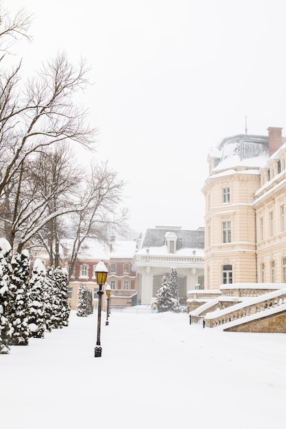 Lviv city snow covered streets copy space