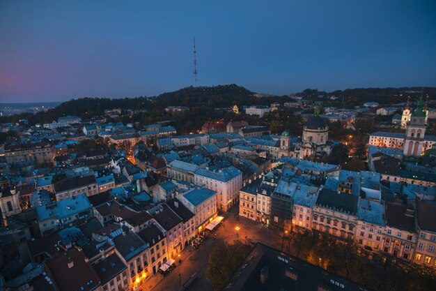 Lviv night city panorama