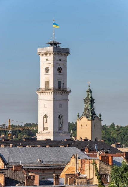 Lviv, Ukraine 07.07.2021. Town hall on the Market square of Lviv, Ukraine, on a sunny summer day