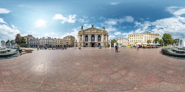 Lviv ukraine august 2019 full seamless spherical hdri panorama\
360 degrees angle view on central square of old town with opera\
theatre in equirectangular projection with zenith vr ar\
content