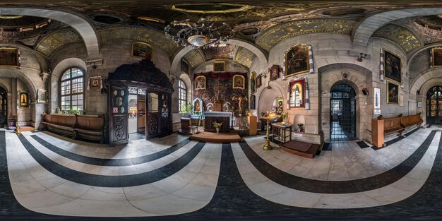 LVIV UKRAINE AUGUST 2019 Full spherical seamless hdri panorama 360 degrees inside interior of gothic uniate church of three Saints Chapel in equirectangular projection VR AR content with zenith