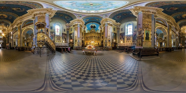 LVIV UKRAINE AUGUST 2019 Full spherical seamless hdri panorama 360 degrees inside interior of old gothic uniate church in equirectangular projection VR AR content with zenith and nadir