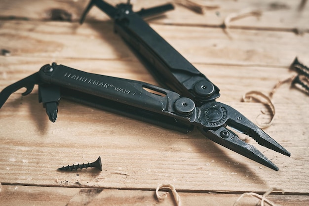 LVIV UKRAINE December 21 2023 Multitool Leatherman Wave Plus black