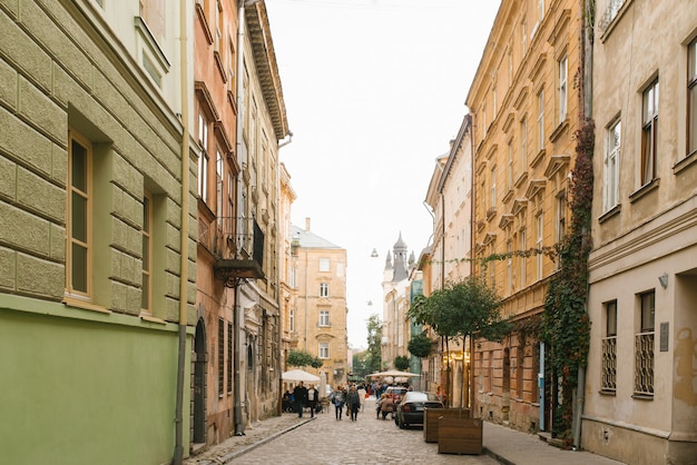 Lviv, Ukraine. March 2020. Cobbled streets of the old tourist town