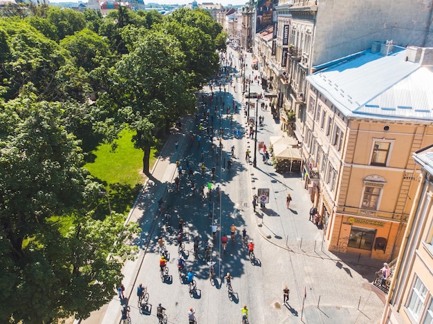 LVIV UKRAINE a MAY 20 2018 lviv bicycle day in center of the city aerial view