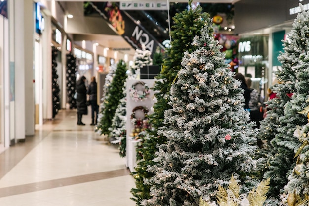 LVIVウクライナ2018年11月30日モールでのクリスマスモミの木の販売