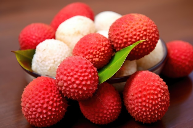 Lychee in a bowl on a wooden table close up Juicy indulgence A tantalizing arrangement of litchi AI Generated