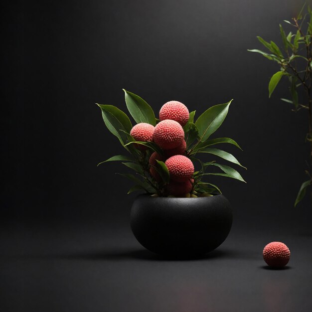 Foto frutta di lichi decorata su un vaso nero in una composizione scura