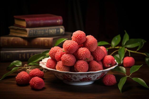 Lychee fruit met een receptboek open voor lychee geïnspireerde recepten
