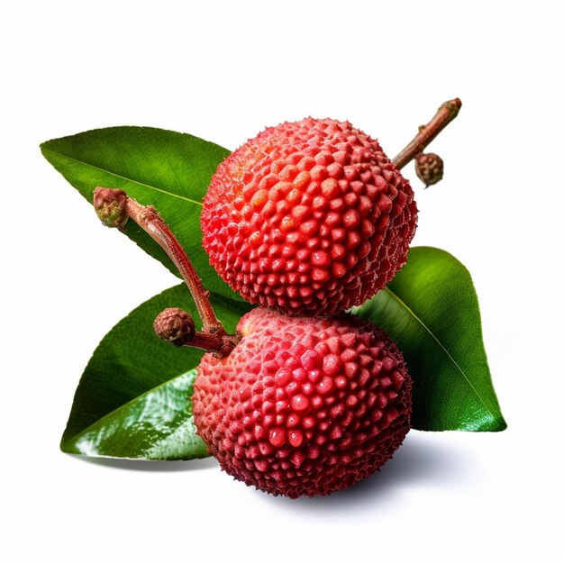 A lychee fruit with green leaves on it