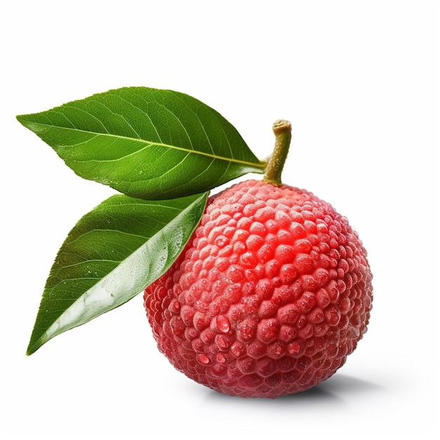 A lychee fruit with green leaves