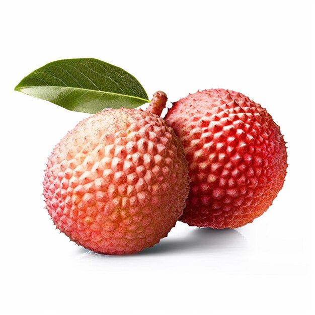 Lychee fruit with leaf on the right