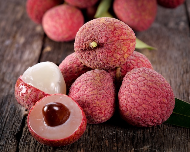 Lychee fruit on wooden