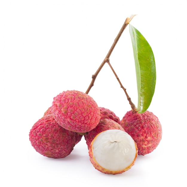 Lychee and green leaf isolated.