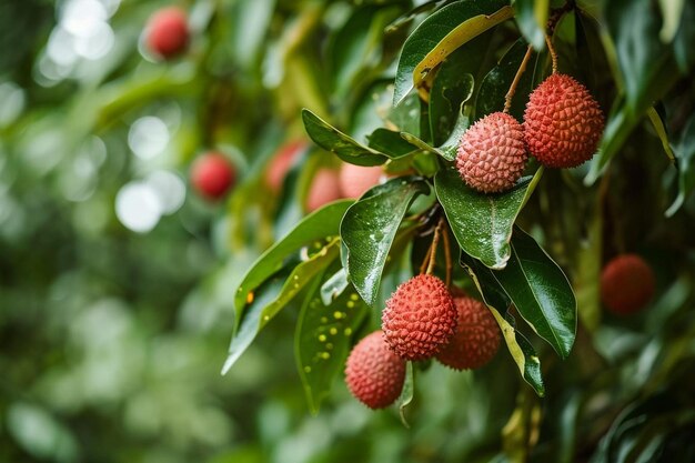 Lychee hanging in a tree with green leaves