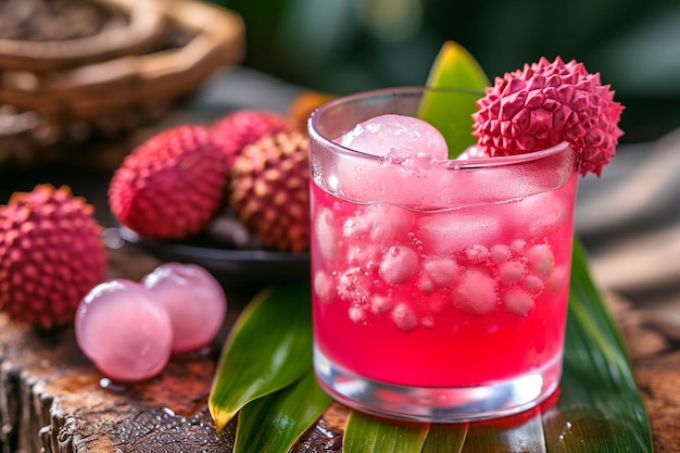 Photo lychee juice and lychee fruit