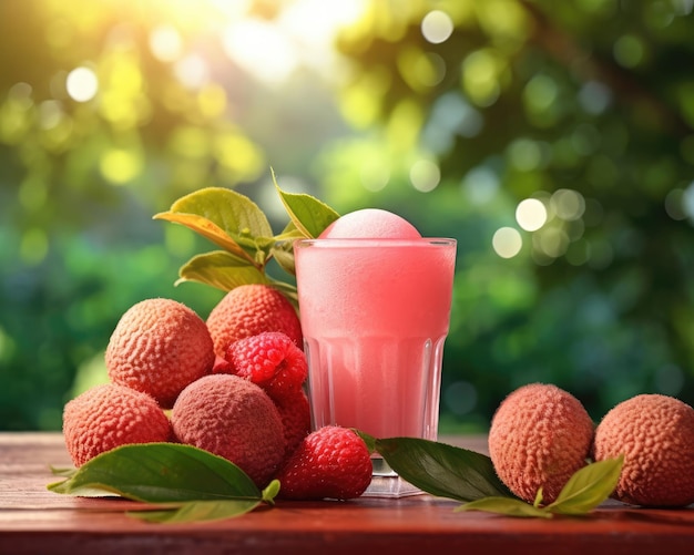 Photo lychee juice with garden background