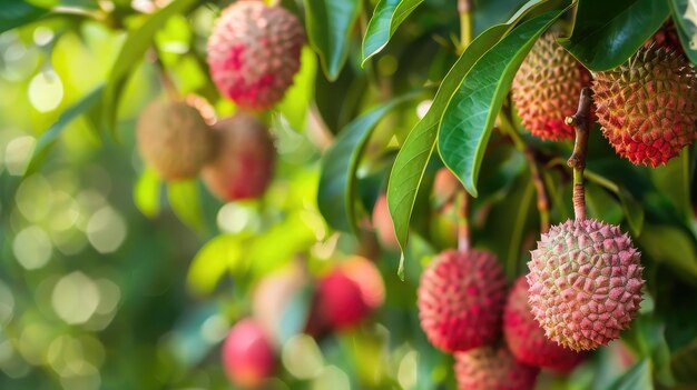 Photo lychee tree in the garden are excellent source of vitamin c green organic lychee hanging on tree