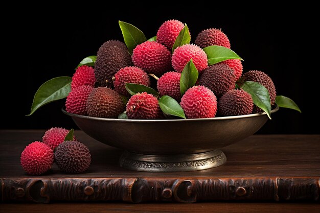 Lychee vruchten gerangschikt op een tropisch thema serveerplateau