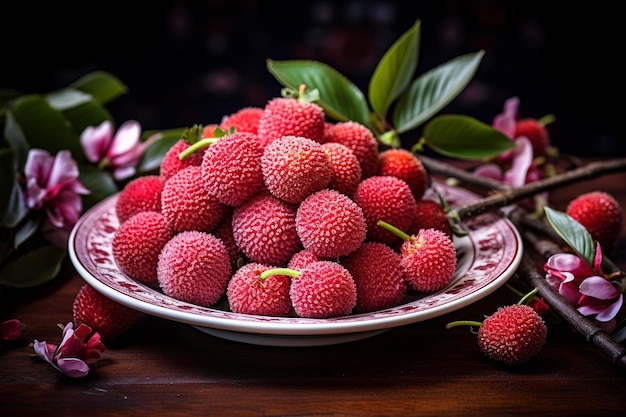 Lychee-vruchten op een bord met eetbare bloemen