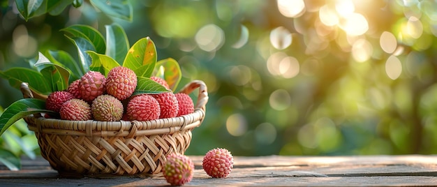 A lychee wicker basket over a wooden table with a backdrop of a fuzzy lychee orchard and space Generative AI