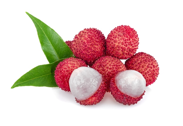 Lychee with leaves isolated on white