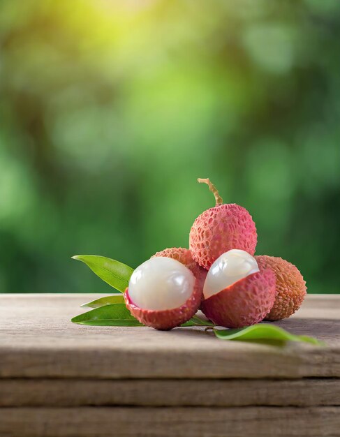 Lychee on wood with a blurred green background